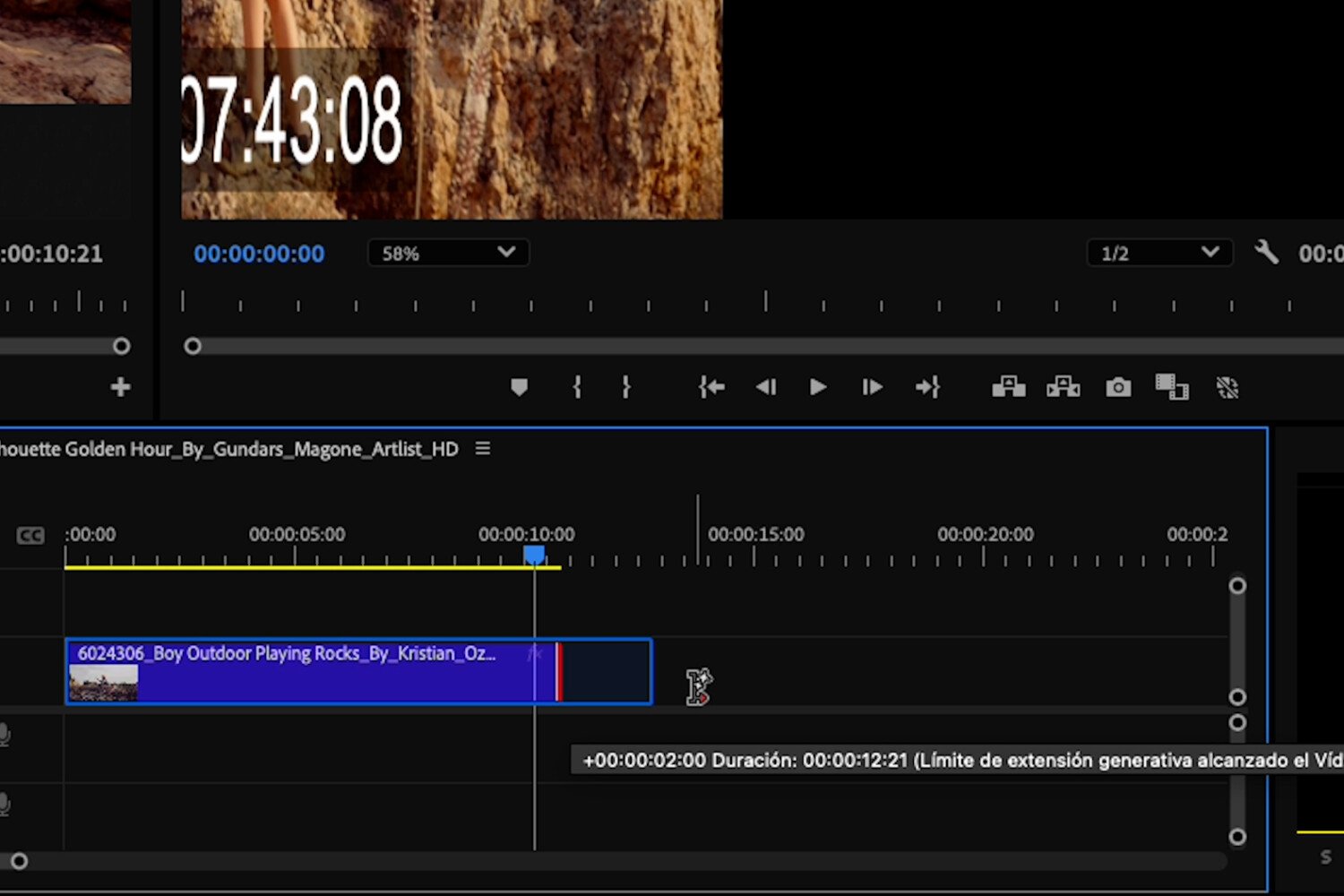 Extensión Generativa de fotogramas de Adobe Premiere Pro
