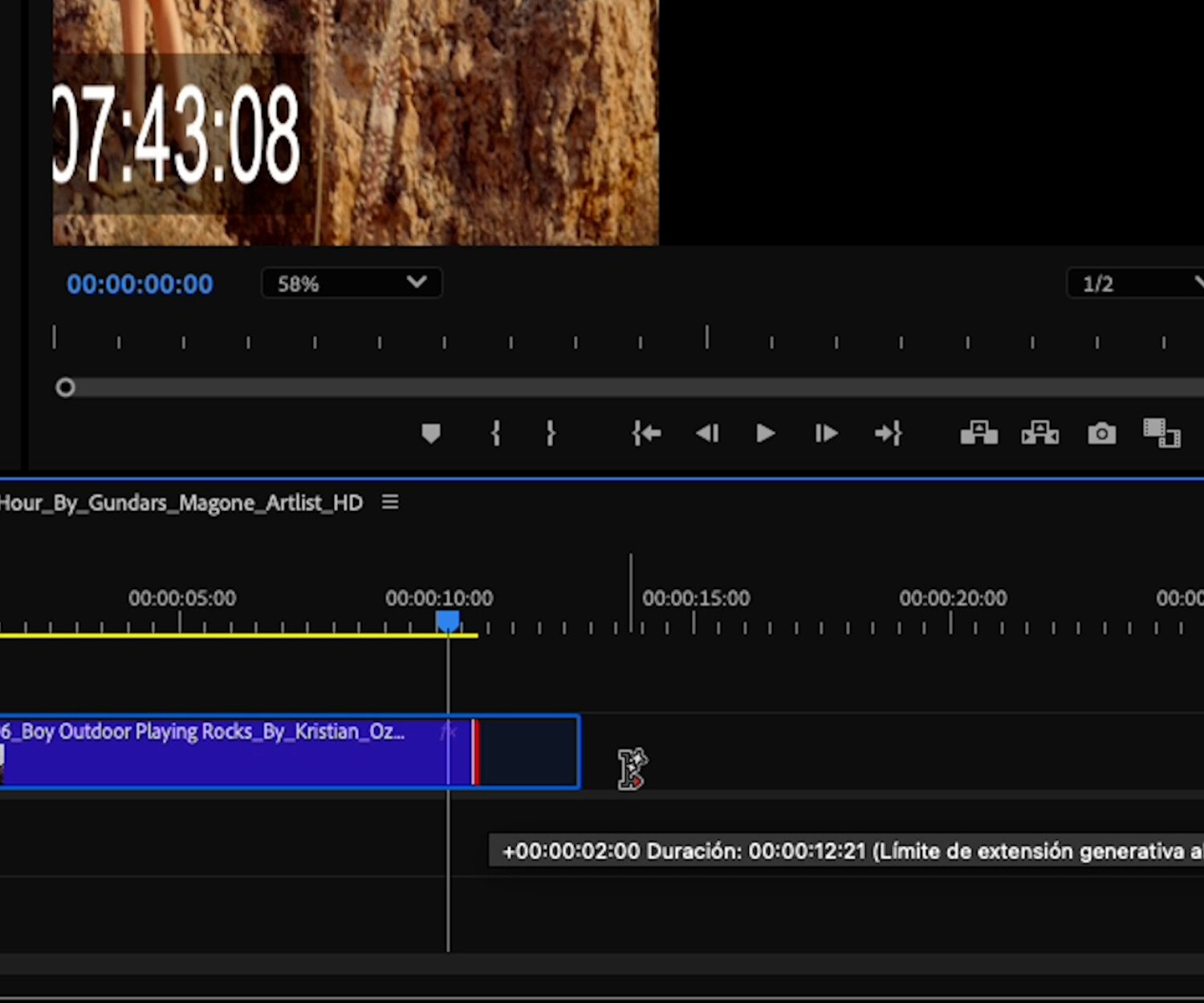 Extensión Generativa de fotogramas de Adobe Premiere Pro