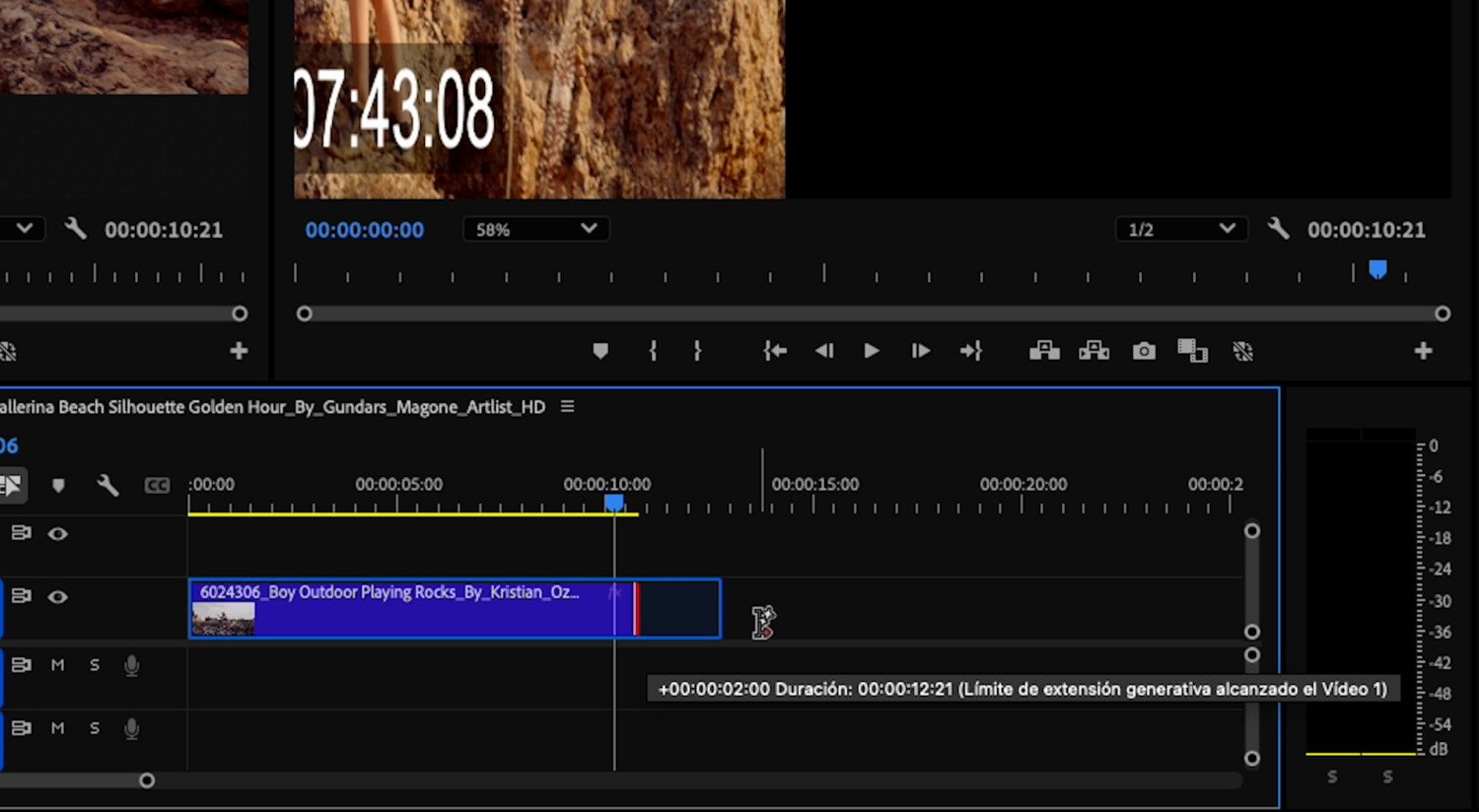 Extensión Generativa de fotogramas de Adobe Premiere Pro